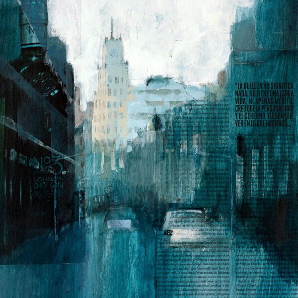 Pintura collage de la Gran Vía de Madrid del artista Juan Antonio Álvarez