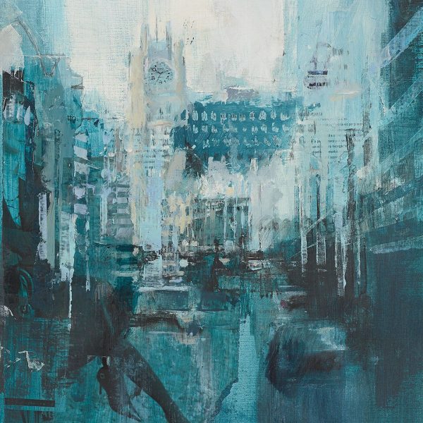 Paisaje urbano Gran Vía Madrid de la colección Le paysage bleu del artista Juan Antonio Álvarez