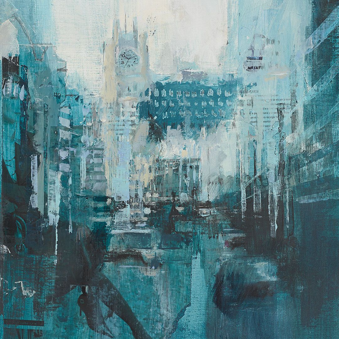 Paisaje urbano Gran Vía Madrid de la colección Le paysage bleu del artista Juan Antonio Álvarez